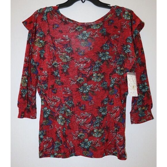 Free People Women's Sz XS Red Combo Floral Print Dock Street Knit Blouse $68 - Picture 1 of 4